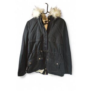H&M Divided Women’s Black Parka Jacket Size US 10 Faux Fur Hood Sherpa Lined